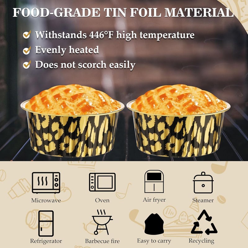 BAKINGPAK Aluminum Foil Baking Cups with Lids, 50PCS 4OZ Mini Cake Pans with Lids Cupcake Liners with Lids Individual Cupcake Containers for Birthday Children Party, Gold Leopard Print - Image 4